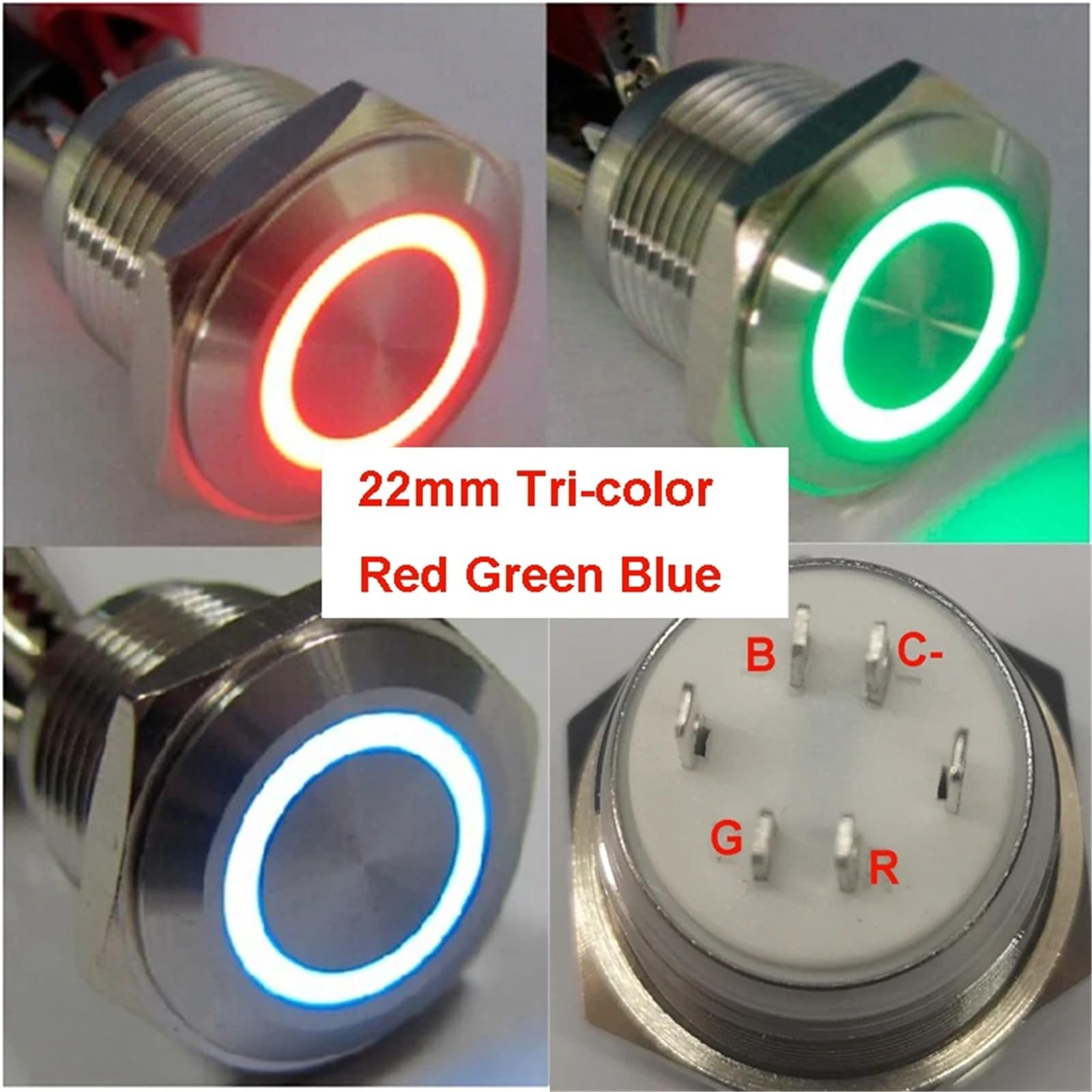 16 mm, 19 mm, 22 mm chwilowy, trójkolorowy pierścień LED, metalowy przycisk, 1 sztuka (biały kolor LED, 22 mm, napięcie LED 12 V)