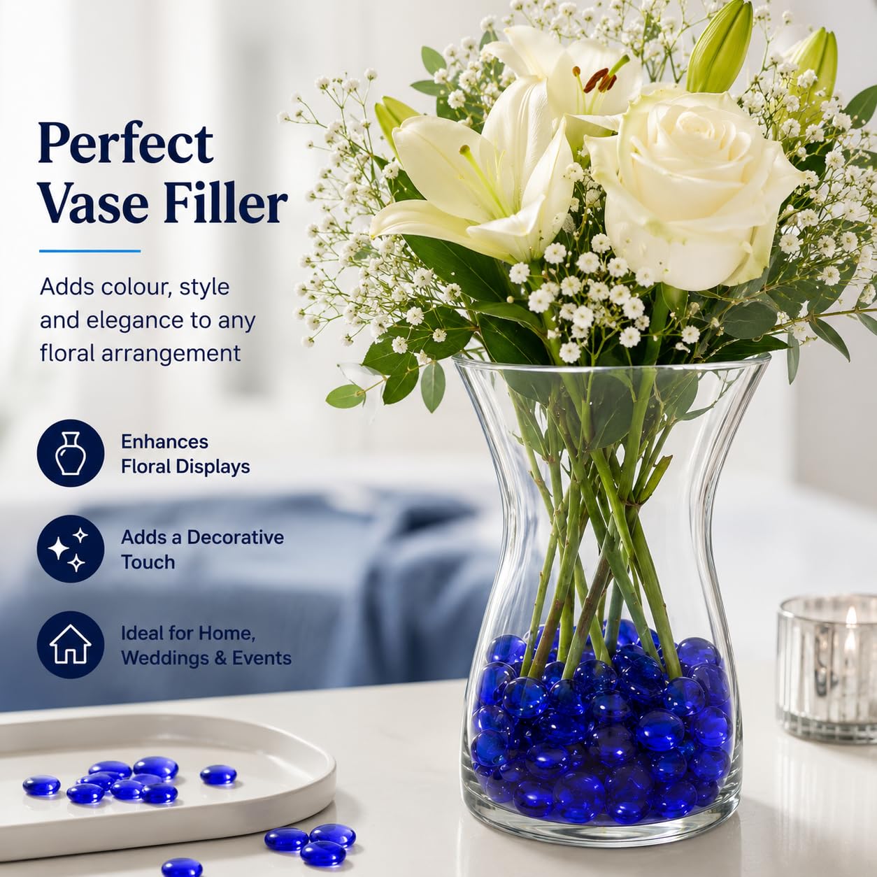 ARSUK 1LB de galets en verre plat bleu, perles pour vase de remplissage – Pierres précieuses en verre décoratives pour pierres de remplissage de vase, roches d’aquarium, loisirs créatifs, décoration