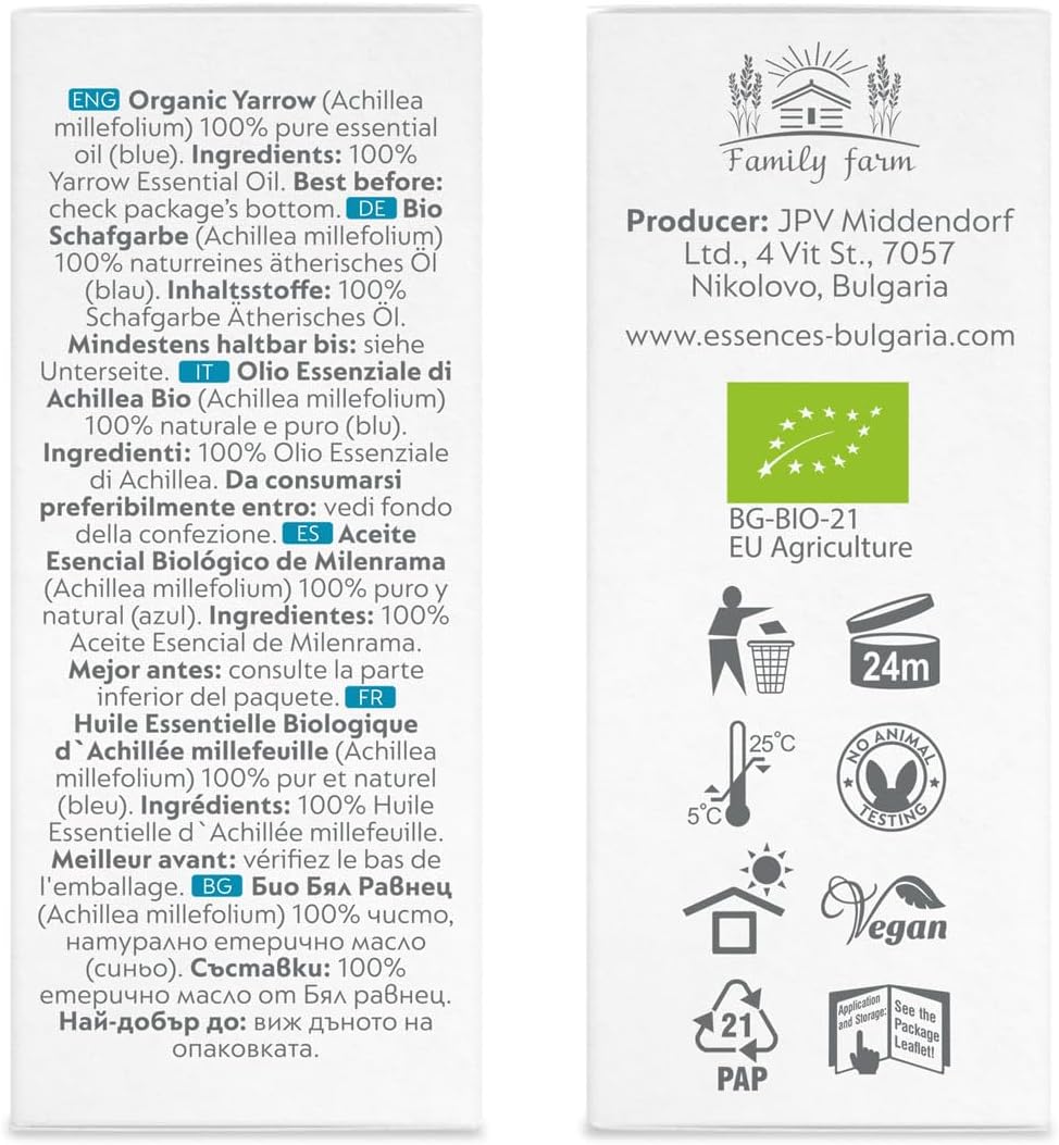 Essences Bulgaria Organic Yarrow Essential Oil 1/3 Fl Oz | 10ml | Achillea millefolium | 100% Pure and Natural | Undiluted | Therapeutic Grade | Family Owned Farm | Steam-Distilled | Non-GMO | Vegan