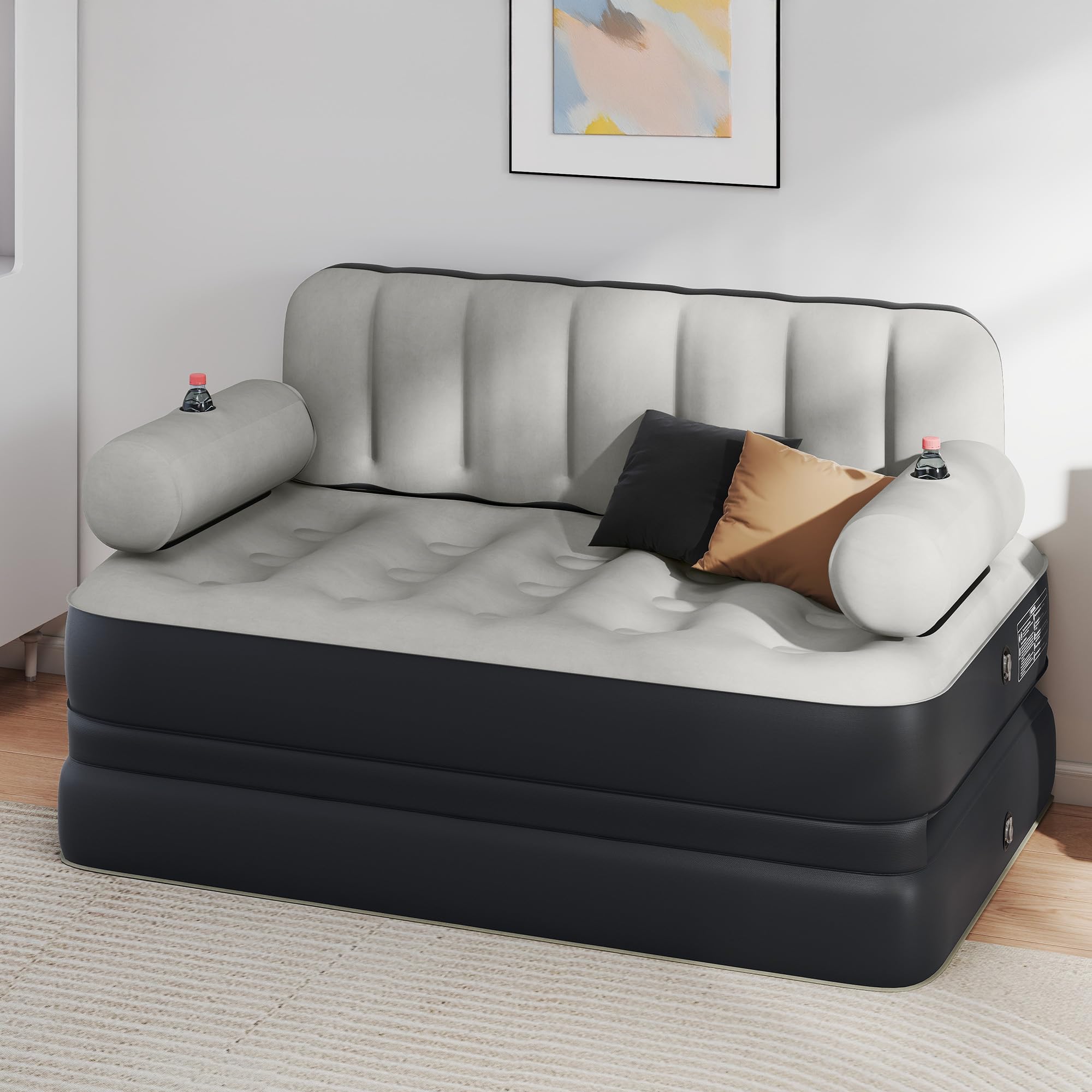 YITAHOME Queen Size Inflatable Sofa Bed with Headboard and Pump, Convertible Blow Up Couch, 2-in-1 Black Air Sofa Bed for Home, Camping, and Guests, Black