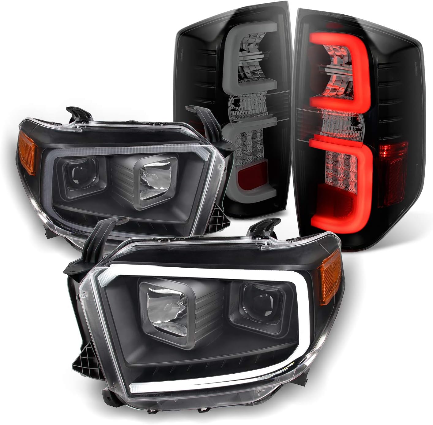 AKKON - For 2014-2021 Toyota Tundra Light Tube Black Bezel Projector Headlights + Black Smoked LED Tube Tail Lamp