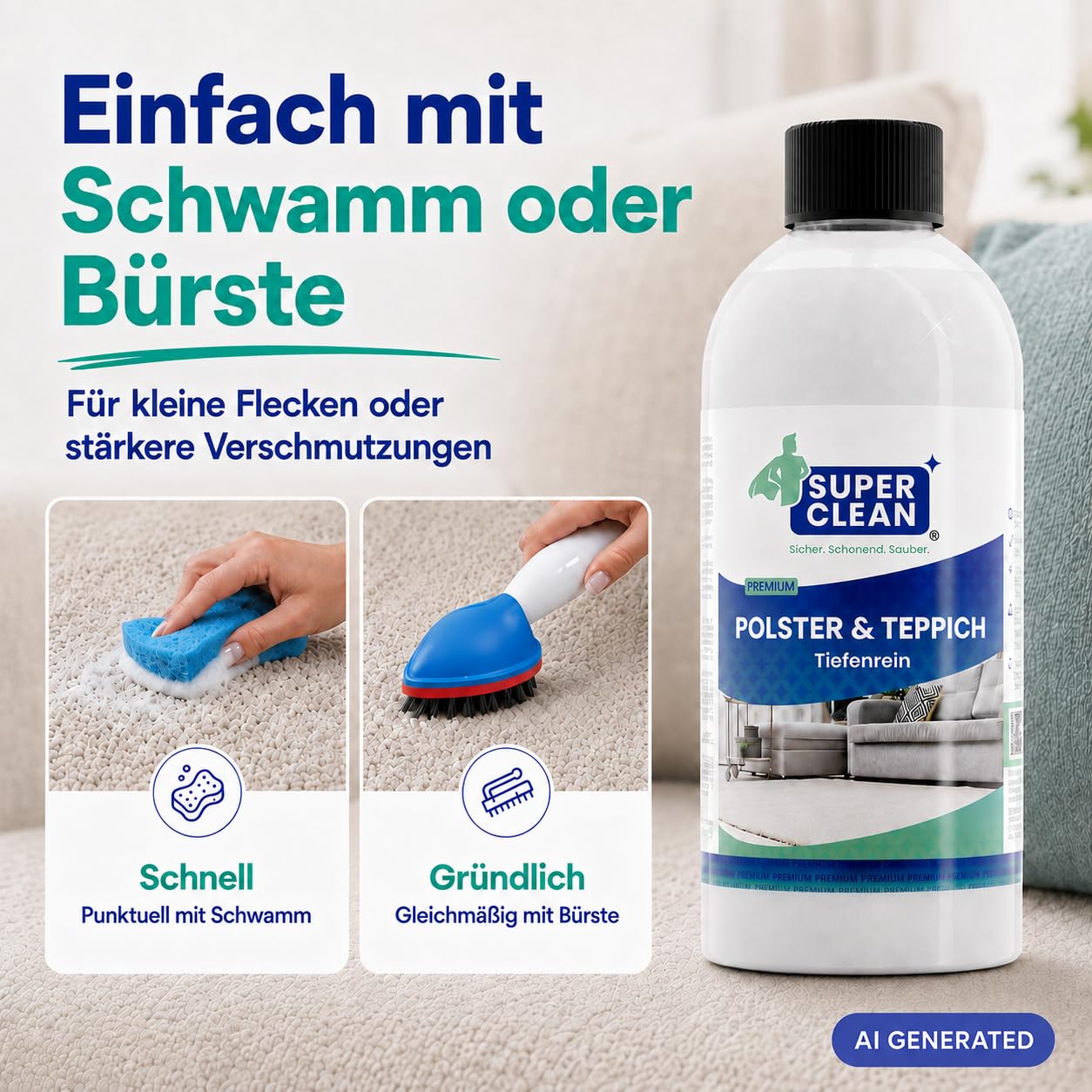 SUPER CLEAN Polster- & Teppichreiniger, 10 l | Ergiebiges Konzentrat gegen Flecken und Gerüche für Sofa, Teppich und Autositze
