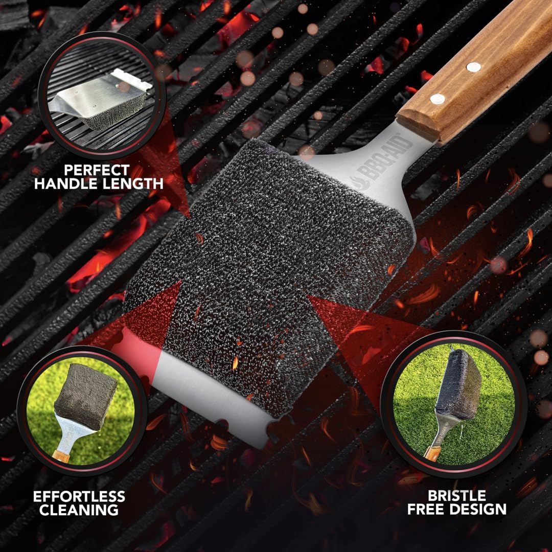 Cepillo de parrilla sin cerdas y raspador para barbacoa, mango de madera grande extendido con cabezal reemplazable, accesorios de limpieza de barbacoa sin arañazos para parrillas al aire libre 6
