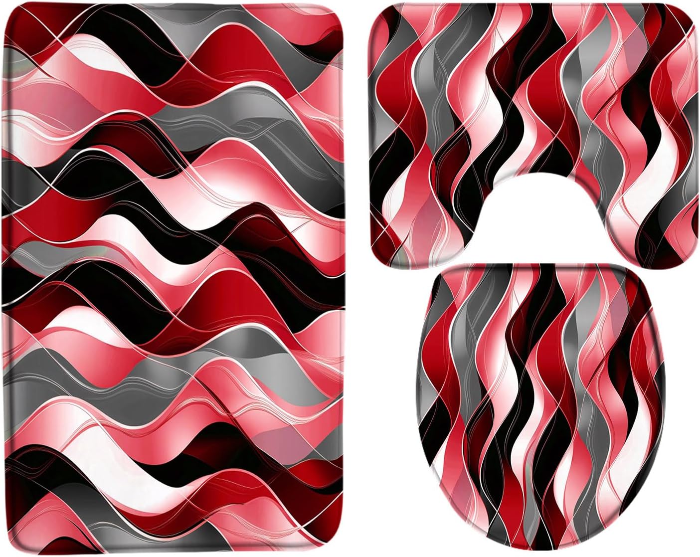 3Pcs Navy Blue Black Stripes Bath Mat Set,Modern Abstract Grey White Ombre Wavy Line Minimalist Art Bathroom Doormat Rugs,Toilet Seat Cover,U-Shaped Floor Mat