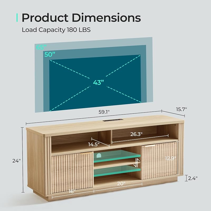 LINSY HOME Mid Century Modern Fluted TV Stand for 65" TV,Natural Oak | Large Sturdy TV Console Table with with Storage Cabinet, Entertainment Center, Media Console for Living Room Bedroom image 3