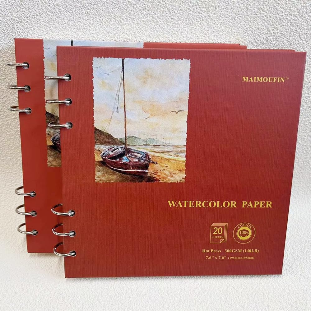 MAIMOUFIN Szkicownik akwarelowy, 100% bawełniany papier akwarelowy, 19 cm x 19,3 cm, 20 arkuszy (63,5 kg/300 g/m²) prasa na gorąco, kwadratowy dziennik akwarelowy w twardej okładce, podkładka