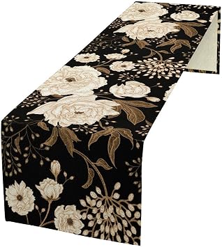 Black Gold Floral Table Runner, Retro Peony Rose Flowers Oriental Style Gothic Garden Print Table Runner for Farmhouse Kitchen Indoor Outdoor Decoration, 13x60inch