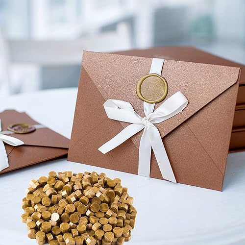 Miniatura 4 de FEPITO 300 piezas de cuentas de cera de sellado octágono de bronce con 3 velas de té y 1 cuchara de fusión de cera para sellado de sellos de cera