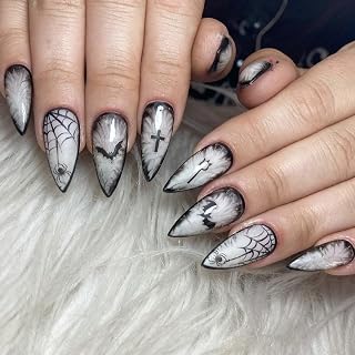 Halloween Press on Nails Almond Medium Fake Nails Black White Gradient Glue on Nail Goth False Nails with Bat Spider Web Designs Glossy Reusable Stick on Nail for Women Girls 24Pcs