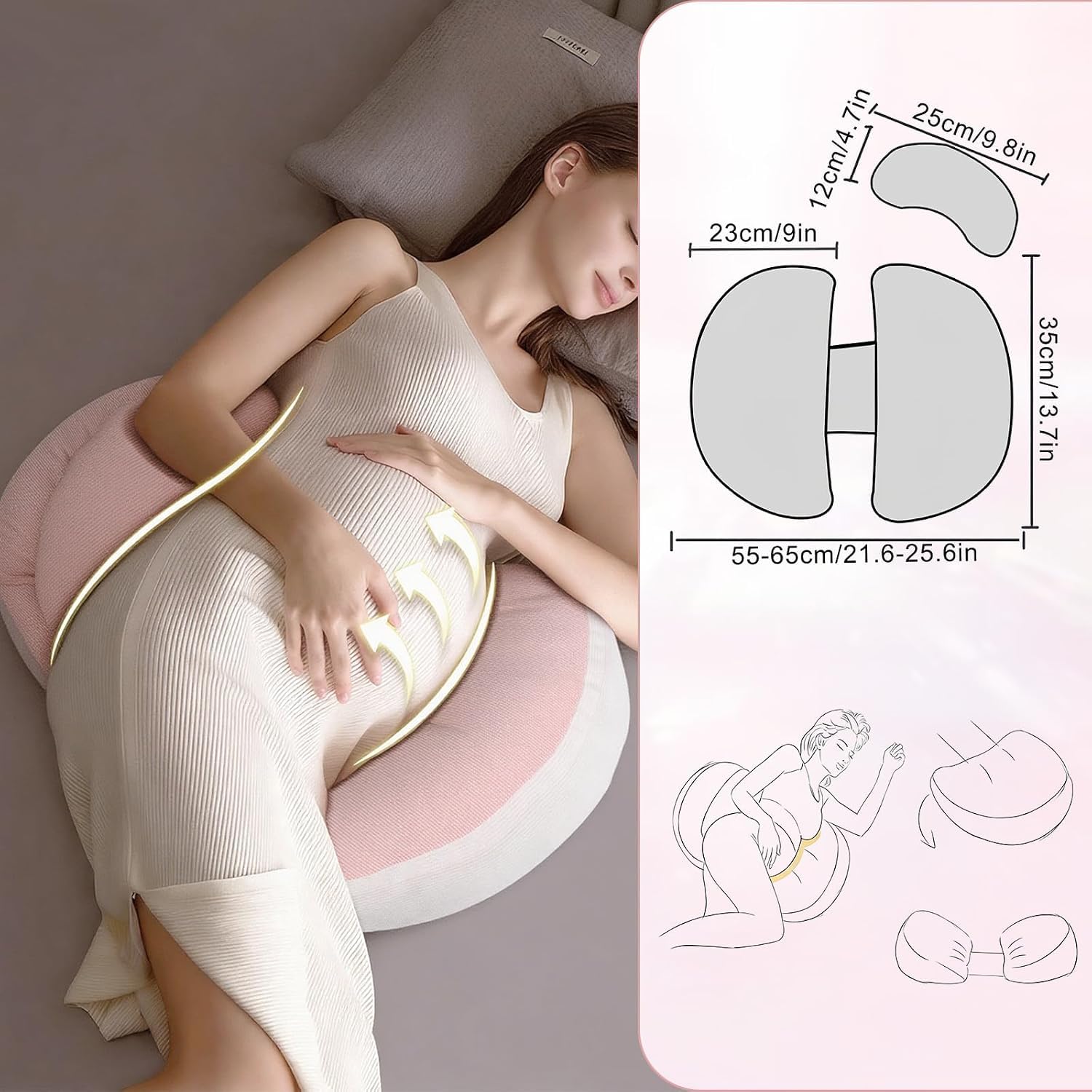 TopHomer Cuscino regolabile per gravidanza, supporto completo per addome, schiena e fianchi, federa rimovibile delicata sulla pelle, allevia il mal di schiena, migliora la qualità del sonno (rosa)
