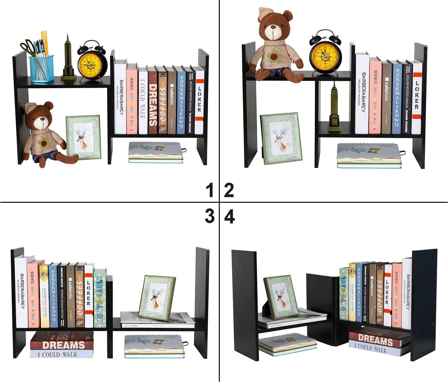 PAG Adjustable Desktop Shelf Wood Small Bookshelf Desk Supplies Organizers and Accessories Storage Display Rack Office Decor, Black