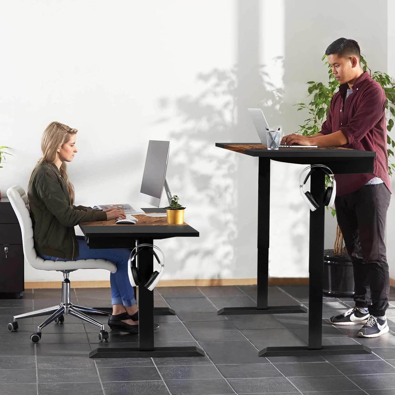 Tangkula Electric Standing Desk with Keyboard Tray, Height Adjustable Sit Stand Workstation, 48 x 24 Inch, Black, Rustic Brown