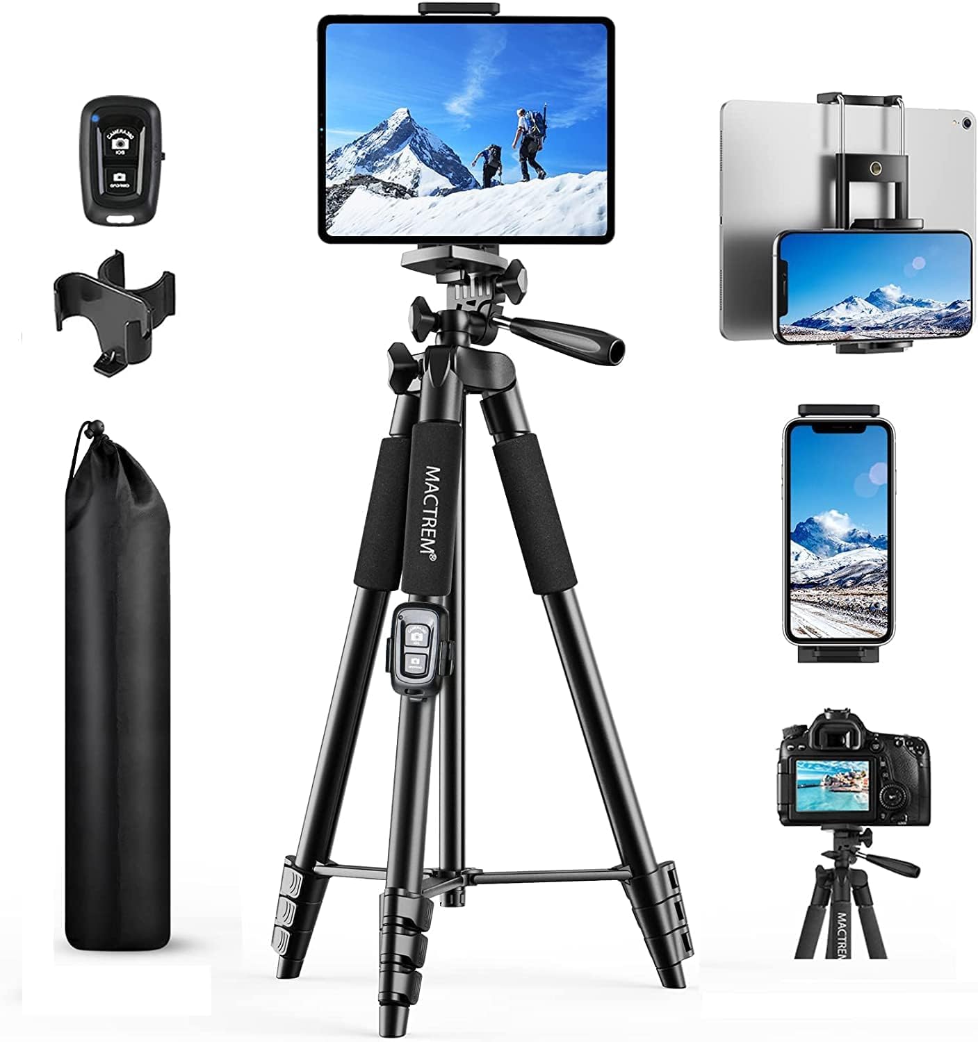 MACTREM 165 cm Trepied Smartphone Alliage Aluminium Léger, Trepied Appareil Photo avec Télécommande sans Fil, Trepied iPhone Sac Transport Inclus, Idéal pour Voyage, Youtube, Selfie, TikTok