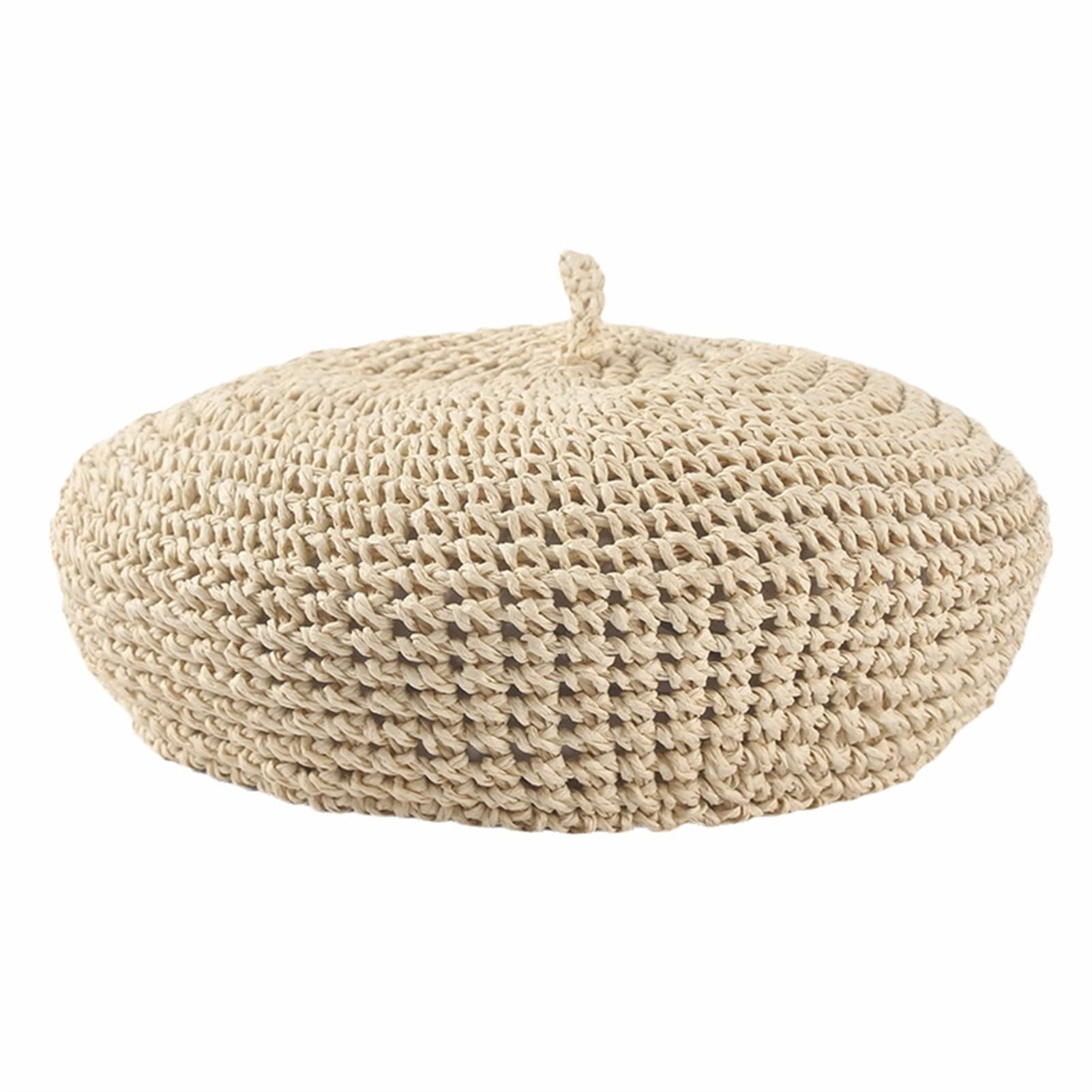 Lifup Straw Beret for Women Summer Crochet Berets Sun Hat Beach Cap Beige