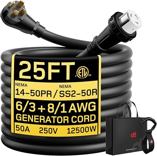 dé 50Amp Generator Cord, 25FT 50 Amp RV Extension Cord with Twist Lock, 4 Prong 50A Generator/RV Cable for 50A Inlet Box, NEMA 14-50P to SS2-50R, Heavy Duty 6/3+8/1 AWG STW Wire - ETL Listed