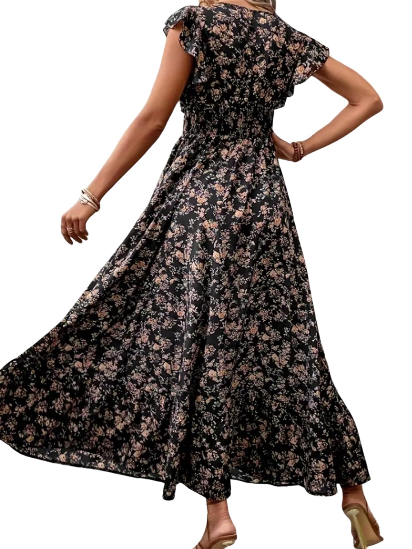 SweatyRocks Damska letnia sukienka Curvy sukienka maxi, linia A, sukienka na urlop, dekolt w serek, sukienka na czas wolny, sukienka boho z falbankami