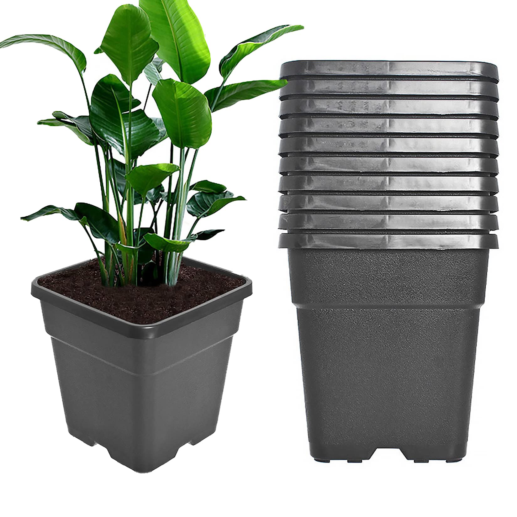 TJHSM Outdoor Plastic Planter Nursery Pots - 10 Pcs 10 Gallon Round Black Nursery Pots for Plants with Drainage Hole