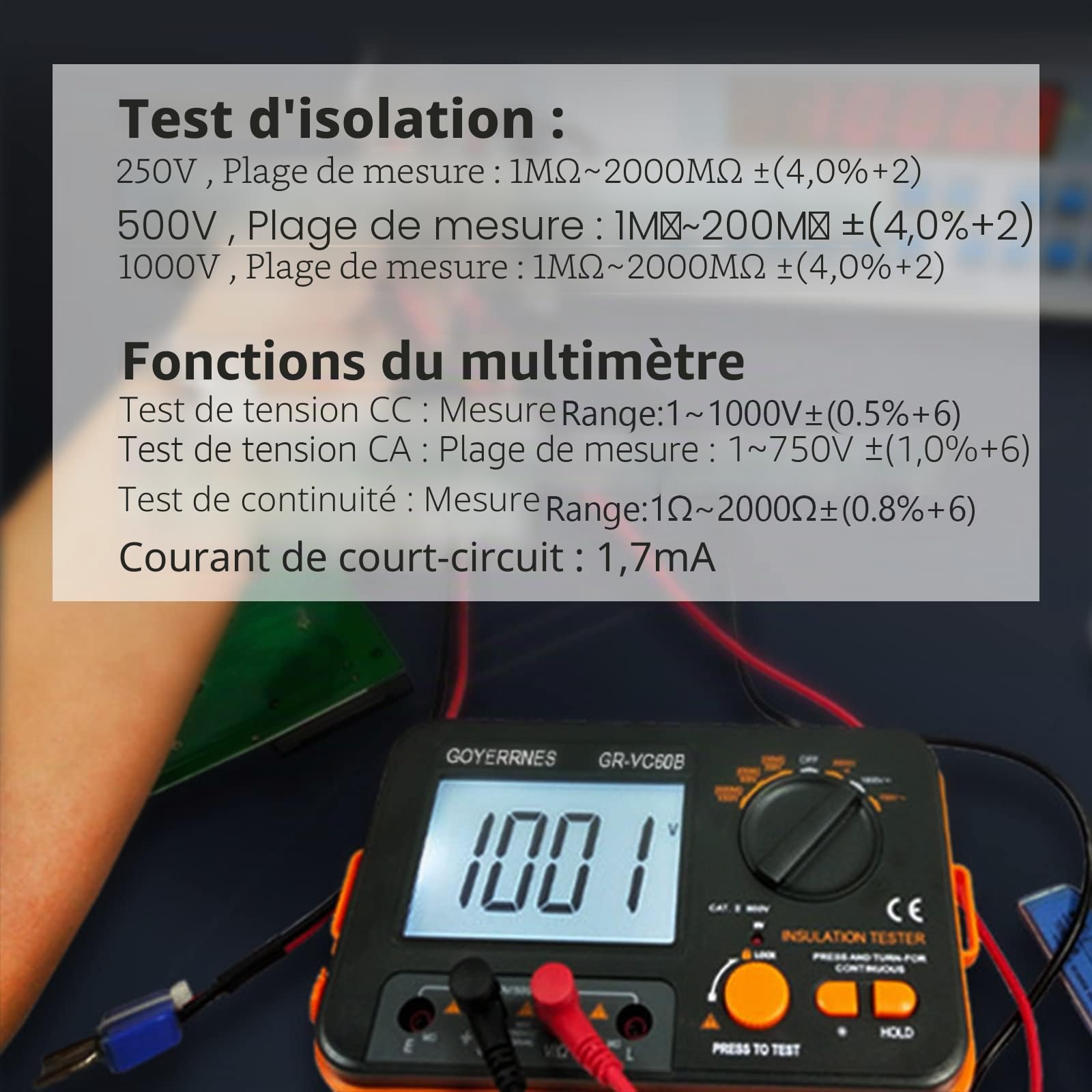 Testeur de résistance d'isolement Mégohmmètre numérique GR-VC60B + DCV Megohm Mètre Testeur de tension 250/500/1000V, ACV Megohm 750V avec grand écran LCD 1999, maintien des données, rétroéclairage