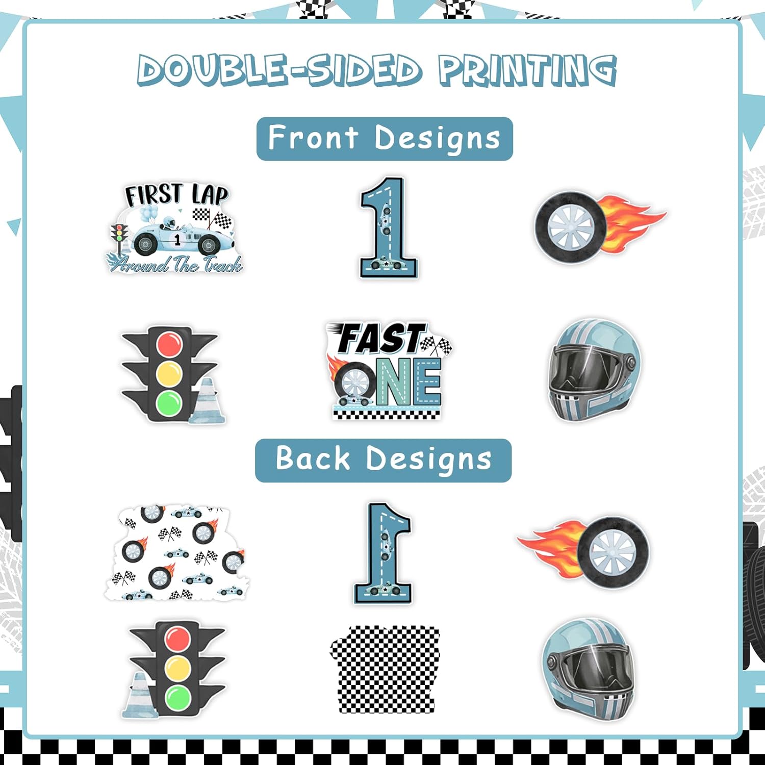 Funmemoir 24PCS Blue Race Car 1st Birthday Party Centerpiece Sticks, Fast One Birthday Decorations for Boys, First Lap Around the Track Table Decor for Vintage Retro Racing Car Party