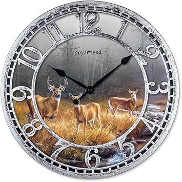 WANGIRO Great Looking Deer Clock Wildlife Wall Clock Silent Non Ticking Battery Operated 12 Inch Quality Plastic Round Wall Clocks for Home Kitchen Living Room Bedroom Office Decor Antique Silver