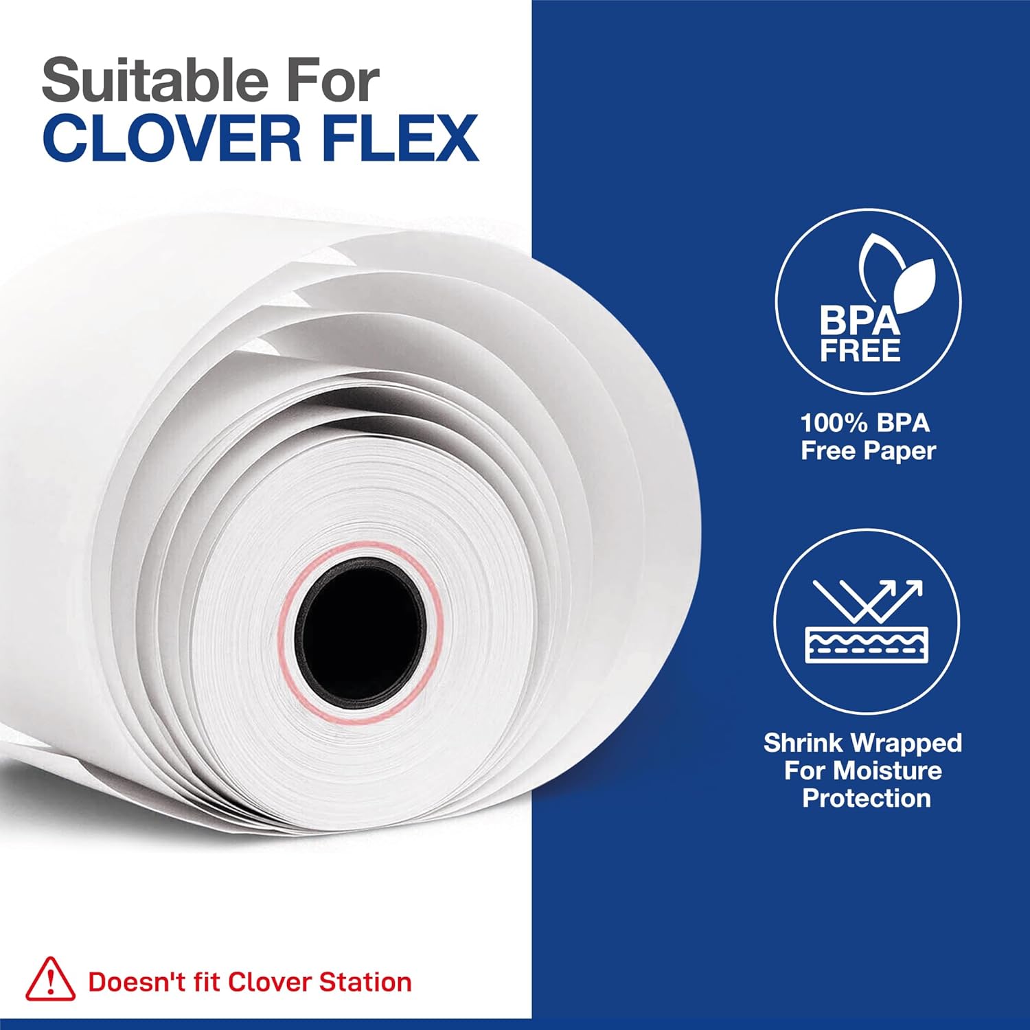 Clover Flex Paper Rolls - 30 Rolls - 2 1/4'’ x 50’- 48 GSM - Clover Flex Receipt Paper Compatible for C401, C403, C405 and C406 POS Machines - BPA Free Material