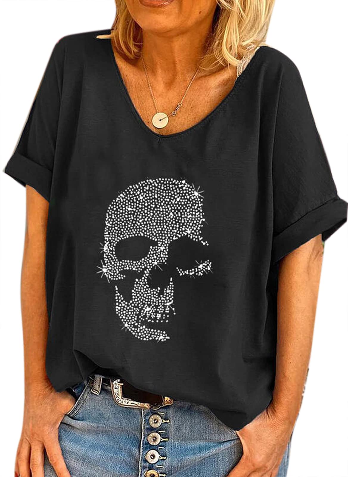Oneforus Women's Black Skull Diamante Rhinestones Design Baggy T Shirt Tops Punk Rock Fashion Sleeveless T-Shirts