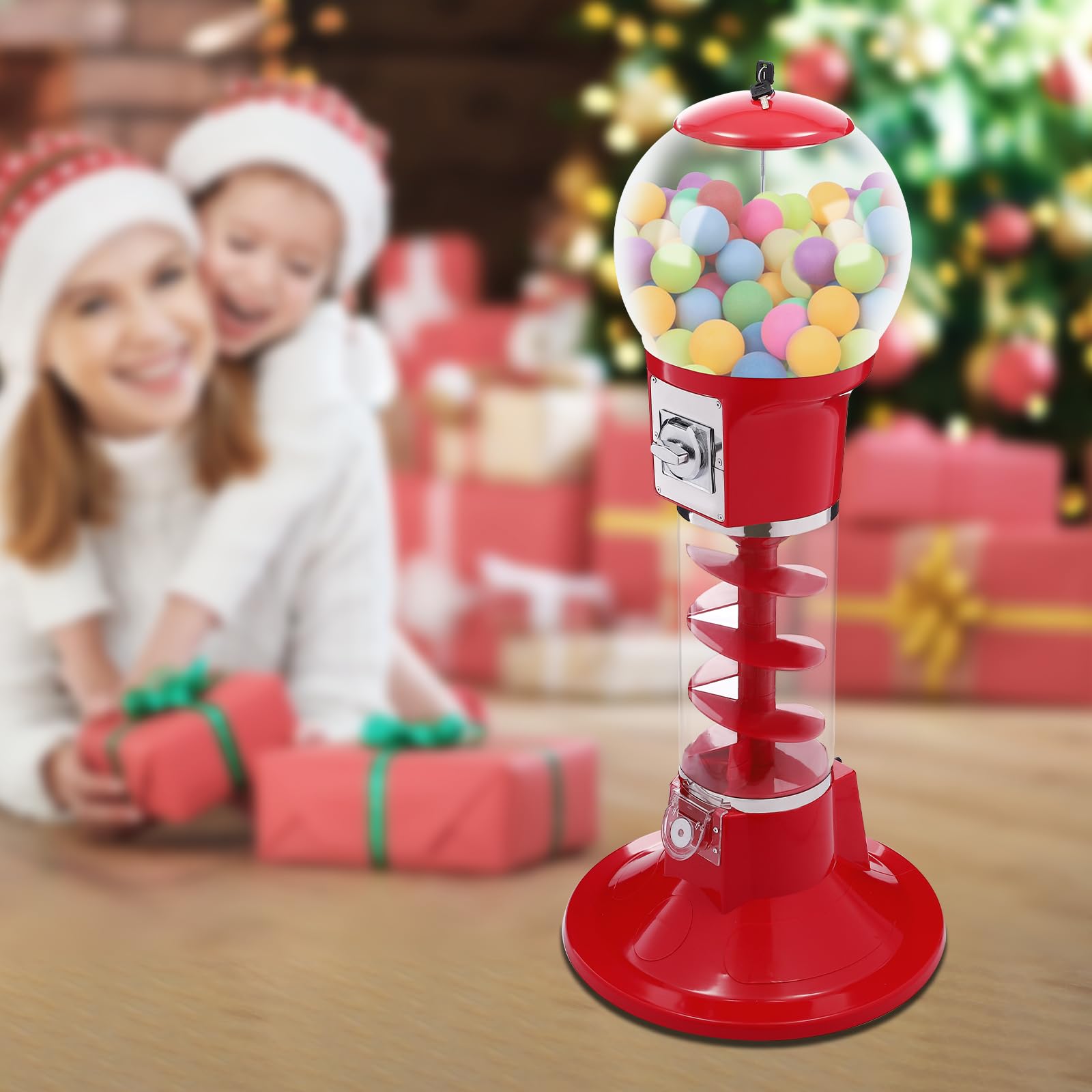 43in-Height Red Twister Ball Dispenser, Spiral Gumball Machine, Bubble Gum Machine, Spiral Vending Machines, Freestanding Capsule Ball Dispenser for Game Stores and Retail, 1 Coins