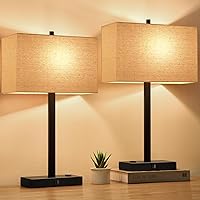21" Touch Bedside Lamps Set of 2 with USB A/C Ports & AC Outlet, 3-Way Dimmable Table Lamps for Bedroom, Beige Linen Shade, 2700K LED Bulbs Included