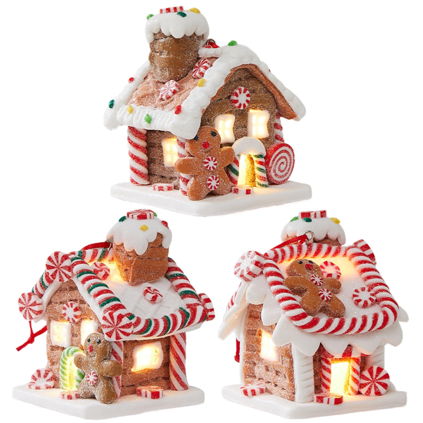 Hperu 3Pcs Gingerbread House LED Gingerbread Village Battery Operated Christmas Village Houses for Xmas Holiday Party Desktop Decor 2.6x2.6x3.2 inch - House Decor