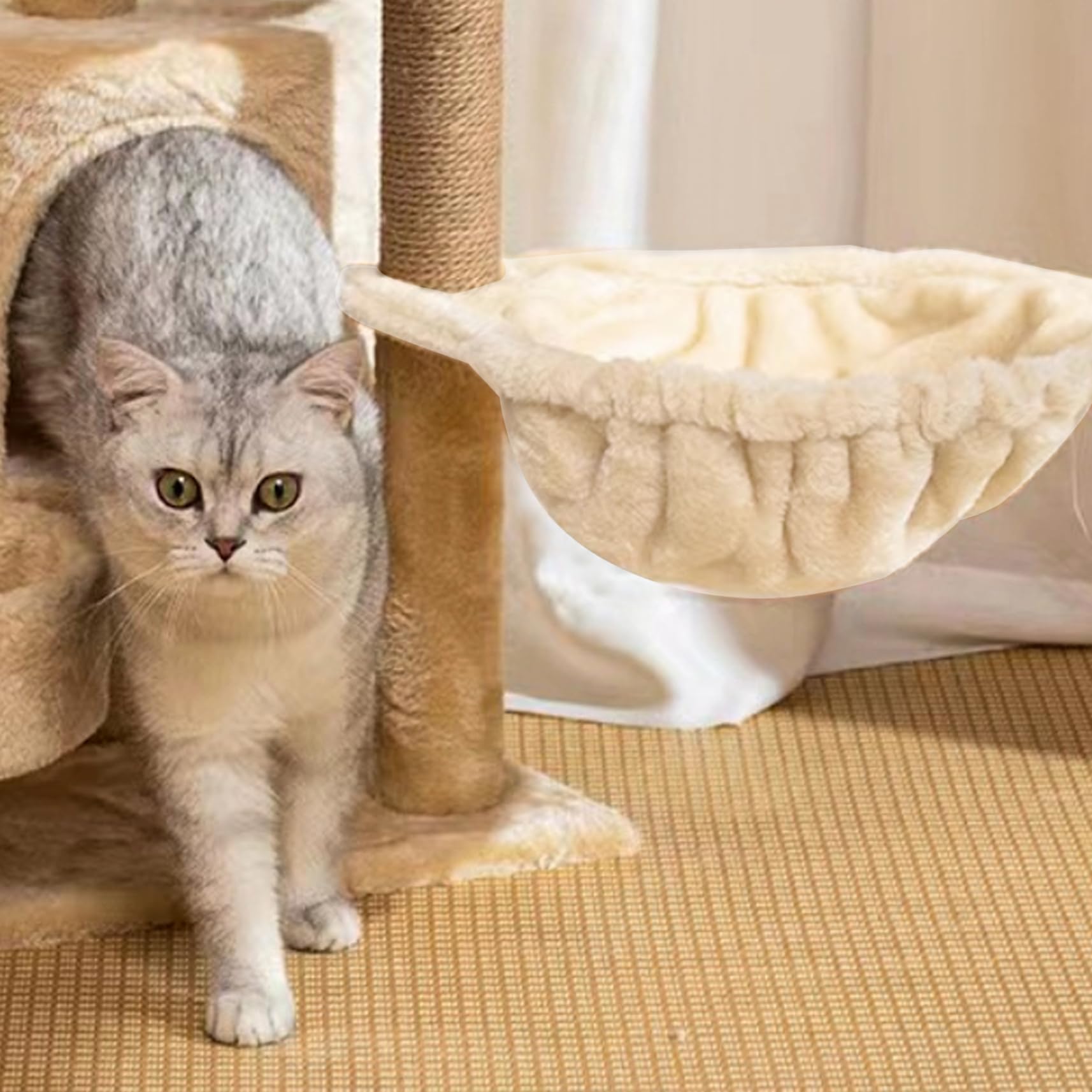 Panier hamac pour chat – Grande fixation d'arbre en forme de cuillère, pièce de rechange douce et résistante aux rayures, lavable, facile à installer, beige, 43,2 cm de diamètre