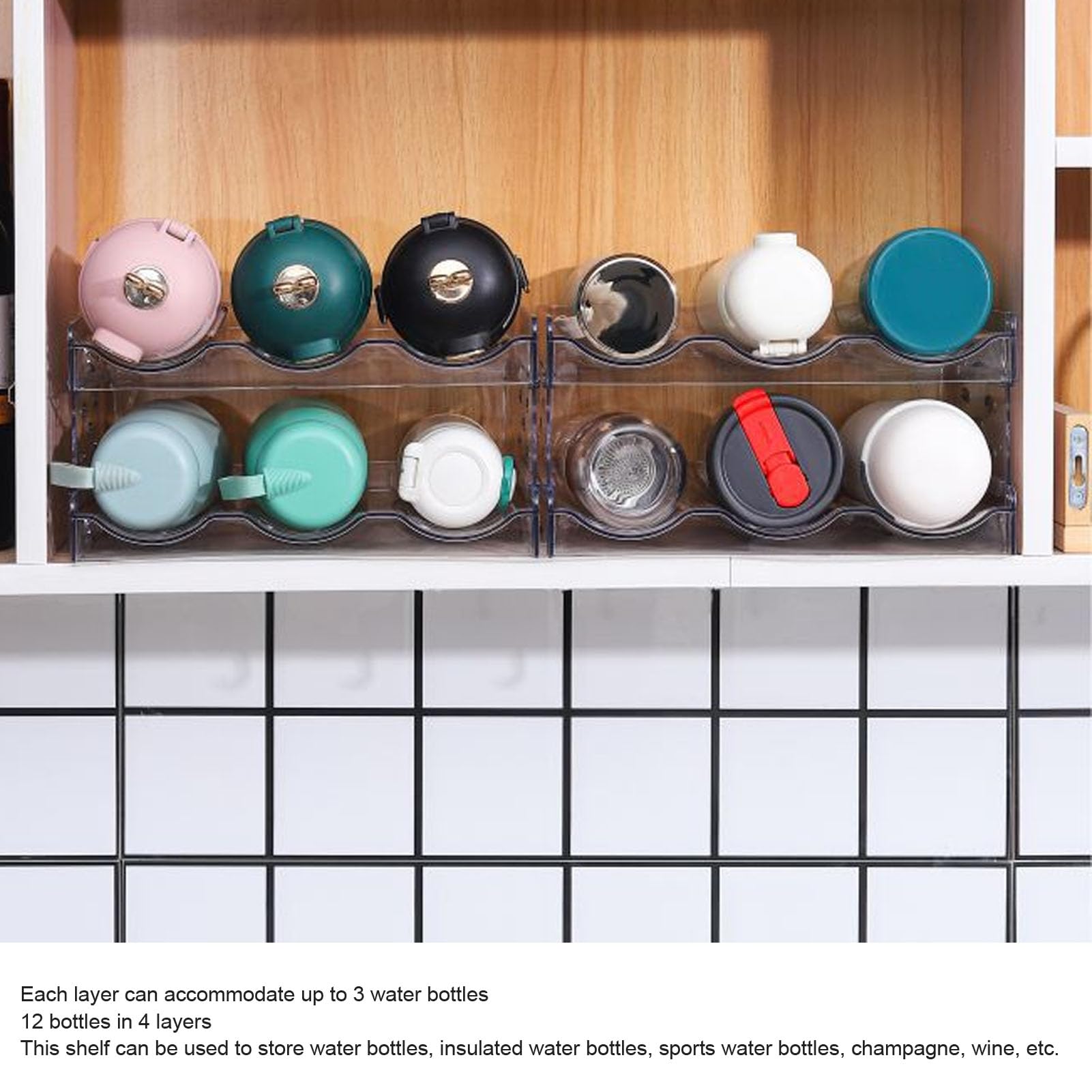Juego de nizadores apilables para botellas de agua, 4 piezas, soporte triple desmontable para cocina, despensa y gabinete, almacenamiento de plástico transparente para botellas y latas