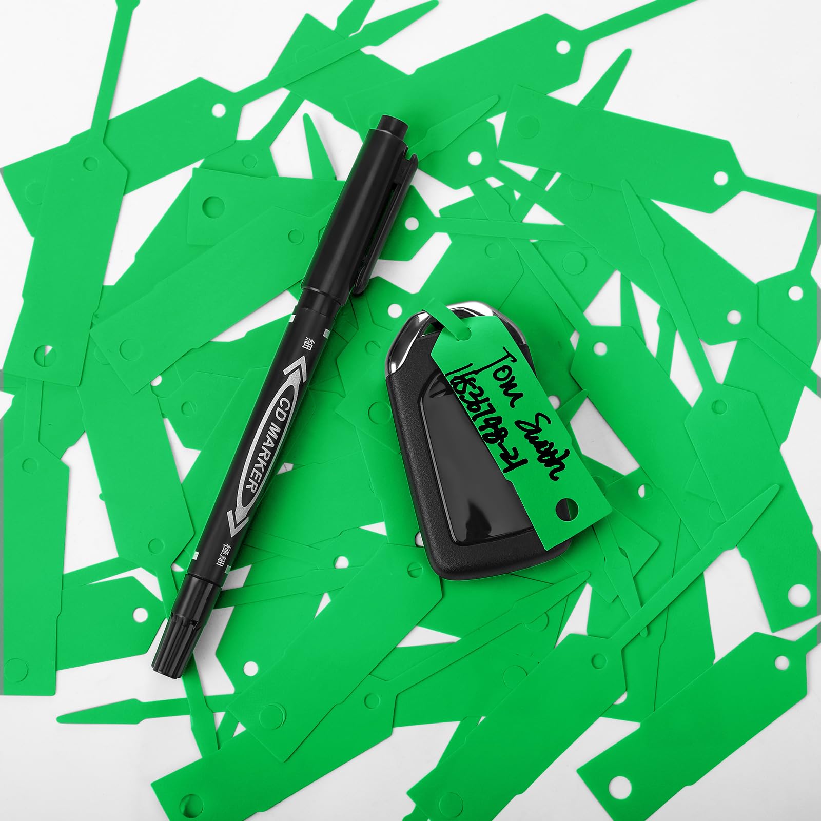 Woanger Lot de 2 000 étiquettes autobloquantes pour clés de voiture avec 5 stylos noirs pour fournitures de bureau et de magasin automobile (11,4 x 1,9 cm, vert)