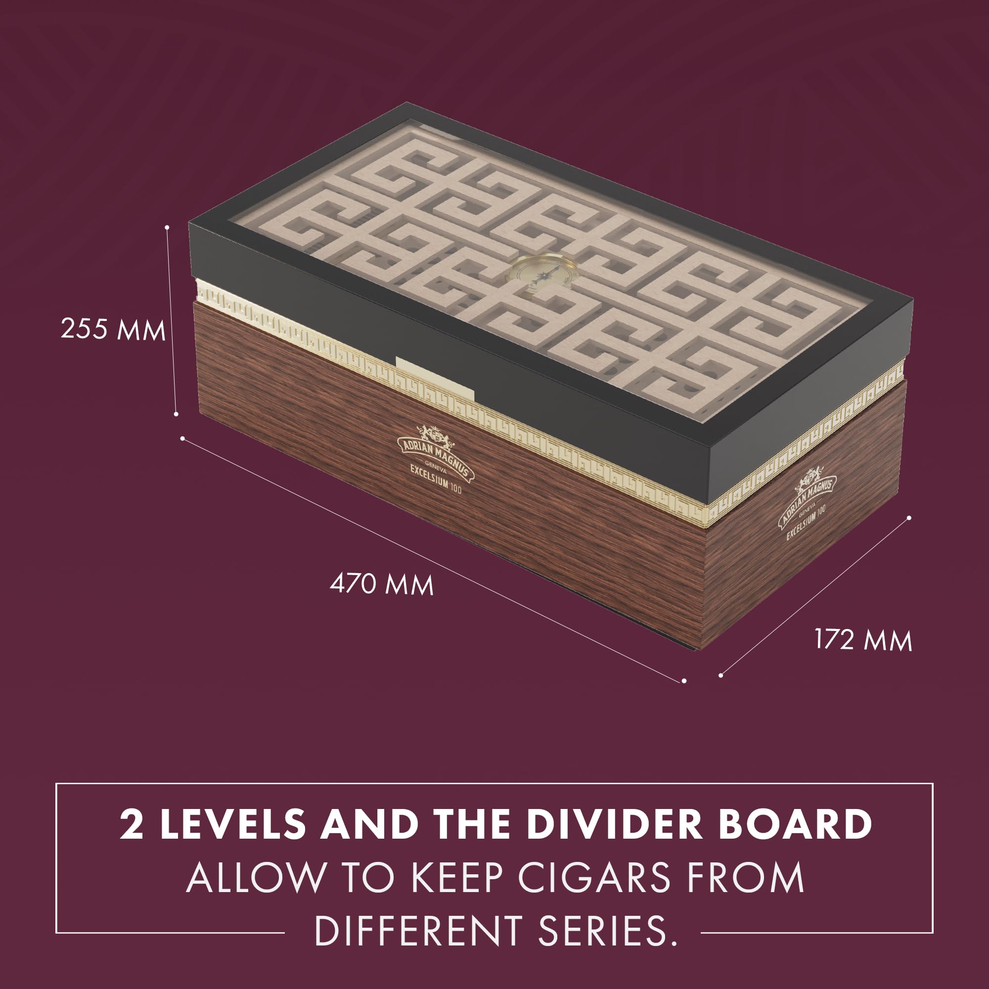 Humidor ADRIAN MAGNUS, Boîte en Cèdre Pour Cigares, Ultra-Premium, Excelsium 100, de Luxe Humidor avec Hygromètre pour 100-150 Cigares