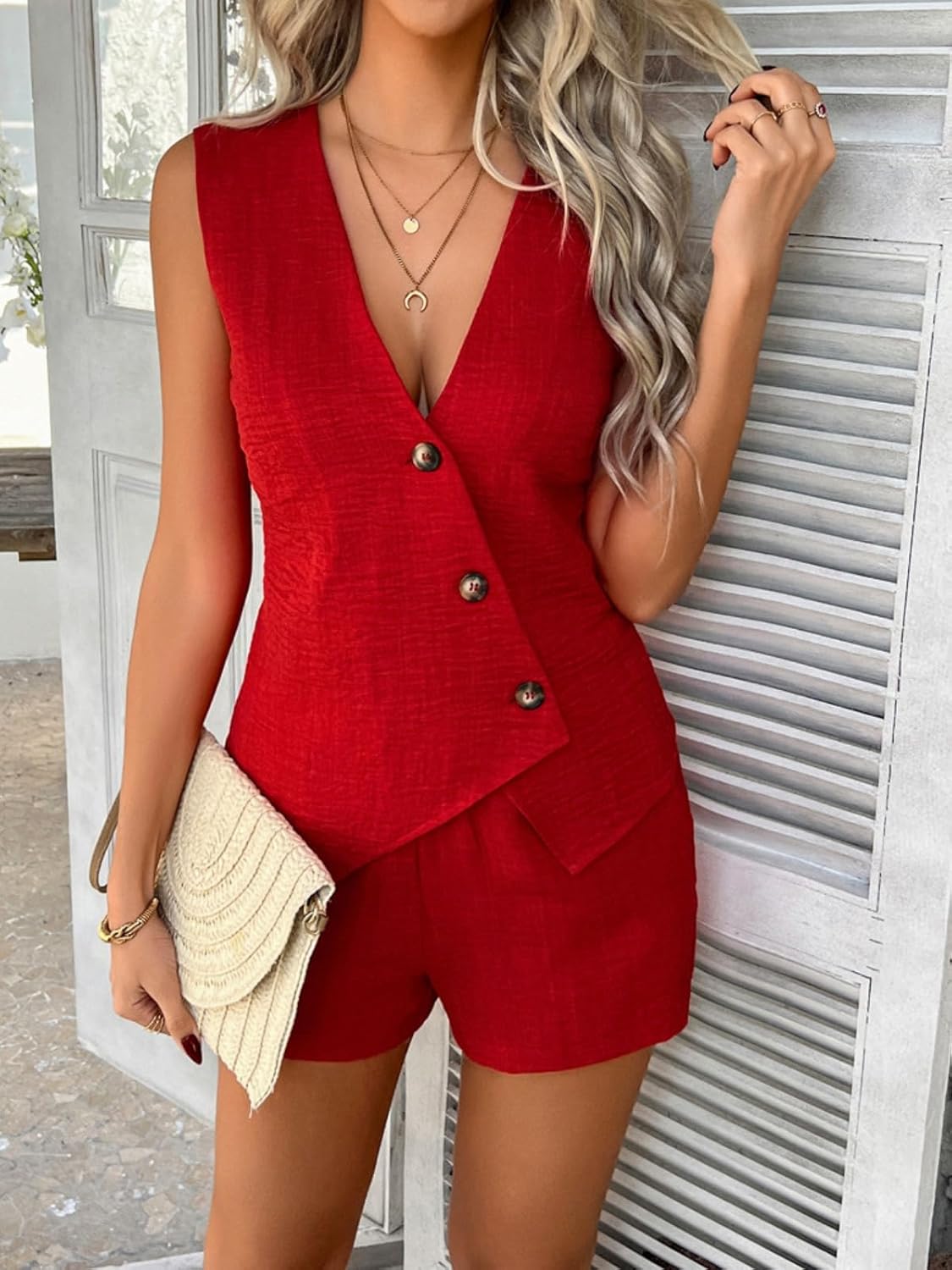 MINTLIMIT Womens 2 Piece Outfits Summer Sleeveless Blazers Button Linen Vest Shorts Set Casual Matching Sets - Image 2