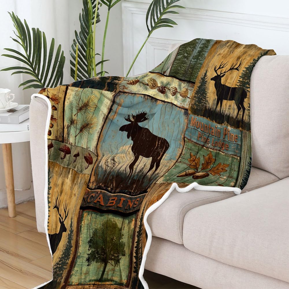 Rustic Cabin Throw Blankets, Vintage Country Antique Bear Moose Forest Wood Cozy Warm Bed Couch Blanket, Hunting Camping Fleece Flannel Throws to Decorate The Room and Bedroom - Image 3