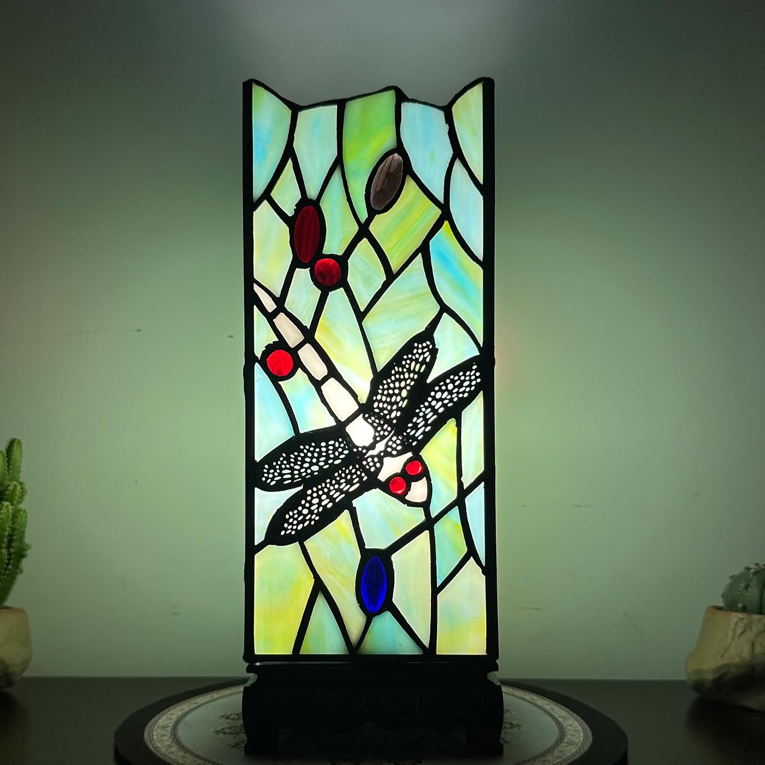 Tiffany Style Table Lamp, Sea Blue Dragonfly Stained Glass Night Light, Mini Cute Bedside Accent Lamp for Kids Bedroom Unique LED Cottage Aesthetic Desk Light Small Decorative Nightstand Lamp