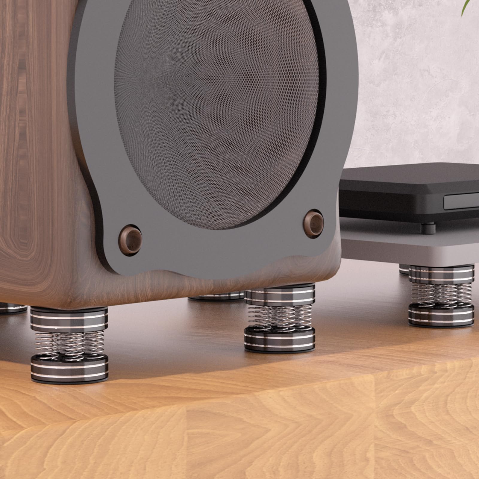 4 Stück 44mmx38mm Aluminium-Lautsprecher-Federfüße, Isolationsfüße mit rutschfesten Gummipuffern zur Dämpfung von Vibrationsgeräuschen, für Lautsprecher, Subwoofer, Verstärker, Plattenspieler