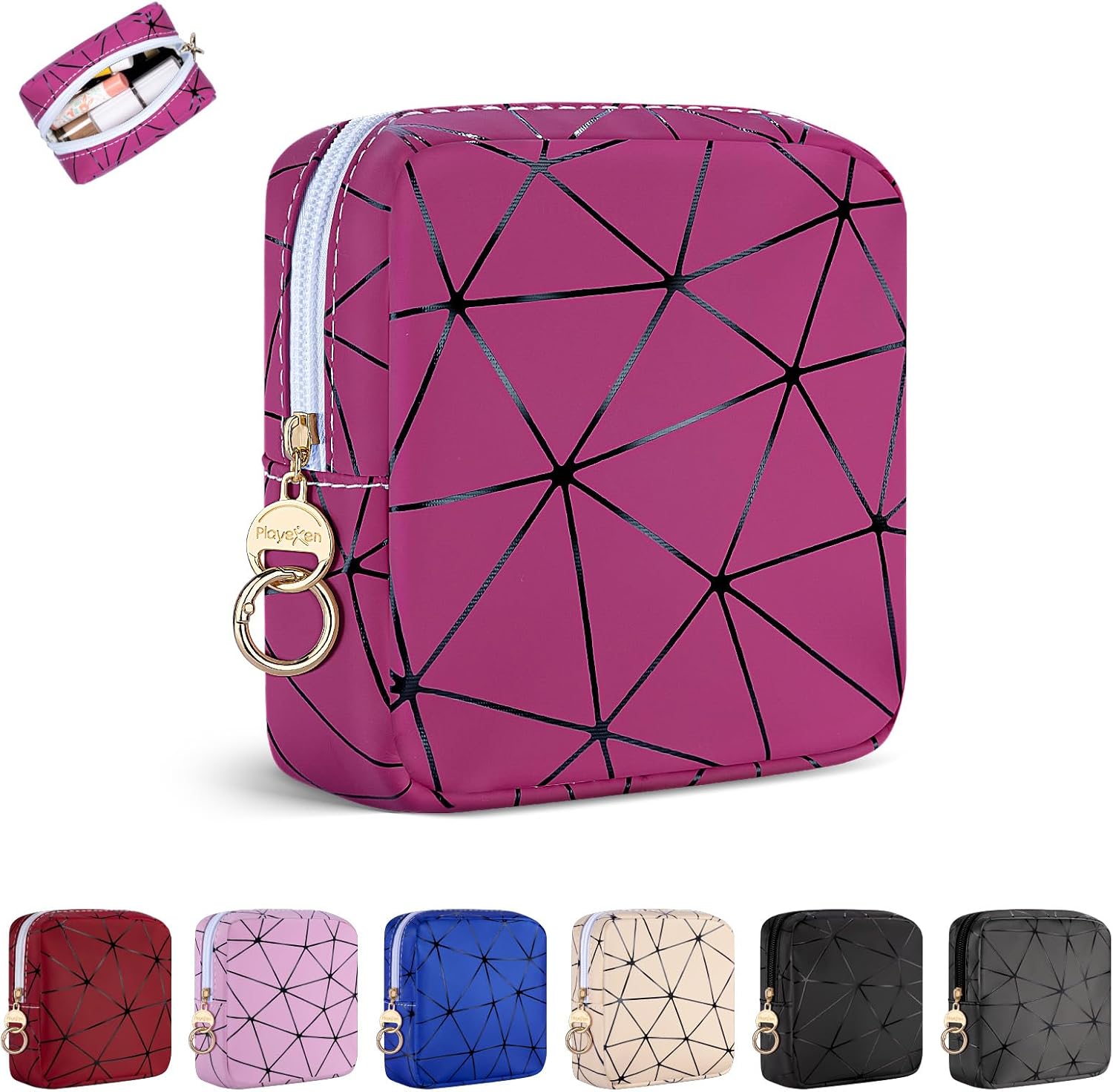 4.5 inch Mini Makeup Bag, Small Cosmetics Bag for Purse with Ring Buckle, Portable Travel Makeup Pouch for Women Girls (Rose Red)