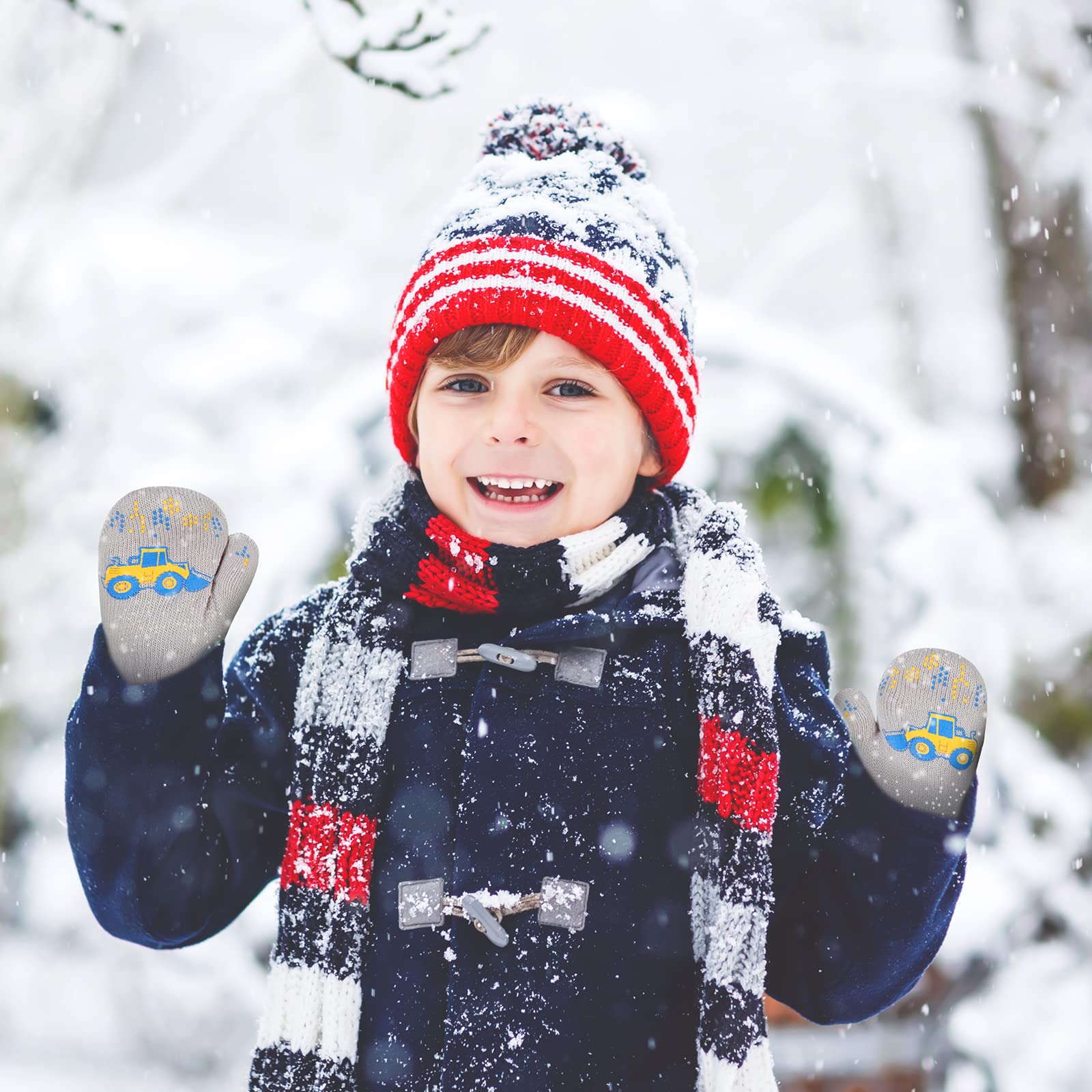 WAWSAM 3 Pares de Guantes de Invierno Para Niños Pequeños Mitones de Punto Elásticos para Niños Guantes de Esquí para Bebés Guantes a Rayas para Niñas y Niños Guantes de Invierno de Camión