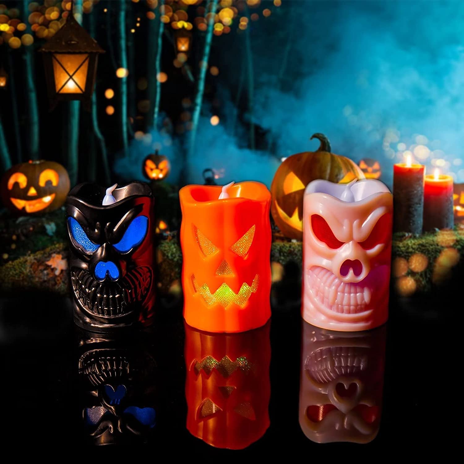 Partysanthe Halloween Candle- Halloween Flameless with Color Changing LED Candle with Pumpkin, Skull, Ghost for Halloween Decorations Random Design 1pc 3