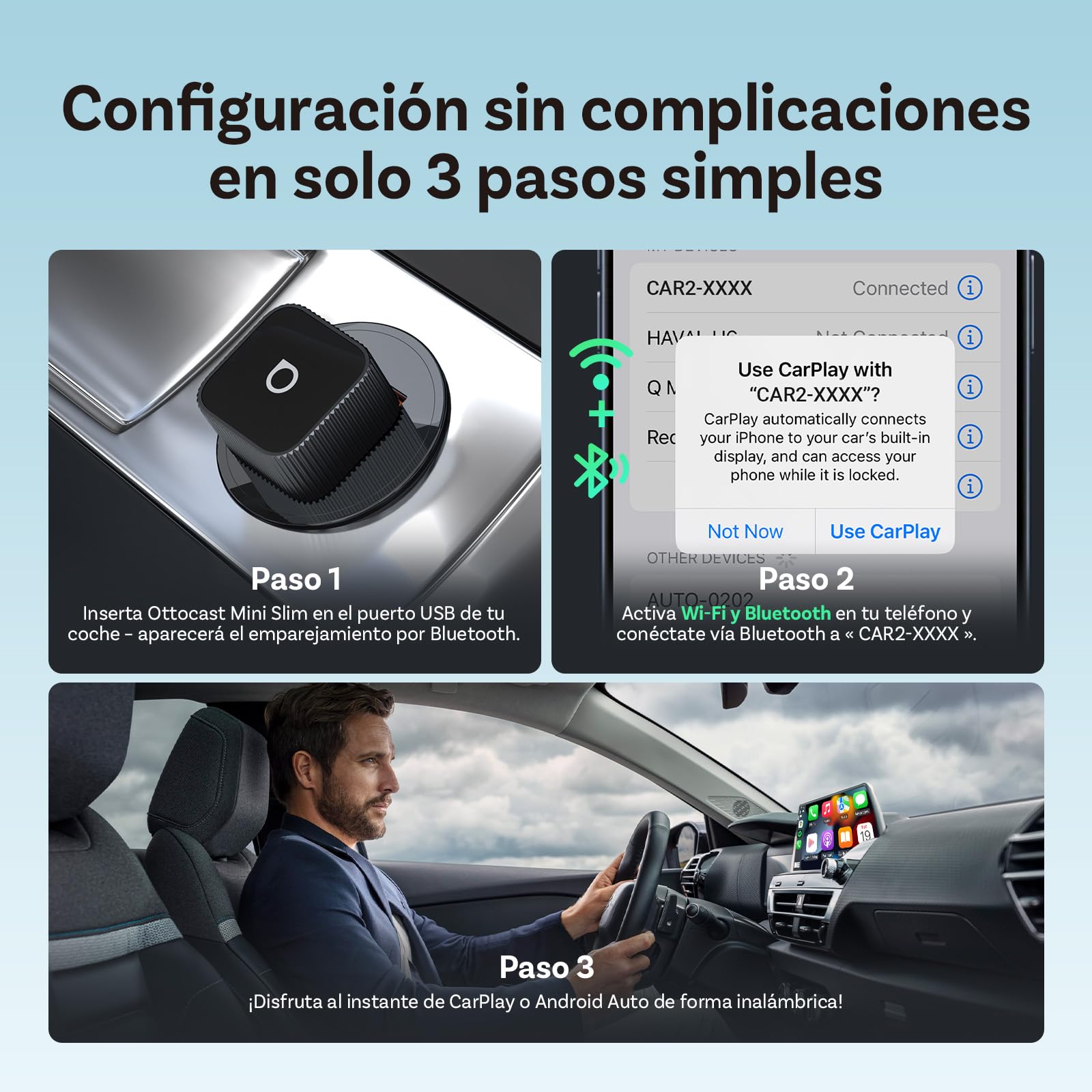 2026 Mejorado OTTOCAST Mini Slim(Edición USB-C), 2 en 1 inalámbrico adaptador de CarPlay y Android Auto para iOS 10+ y Android 11+, compatible multiusuario, convierte de cableado a inalámbrico (Negro)