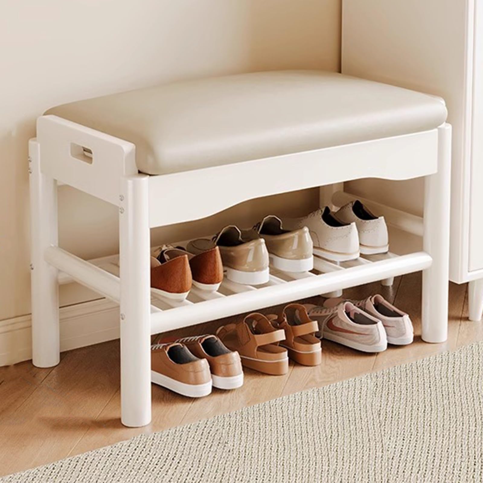 MSHGSKU Wooden Entryway Bench with Storage & Padded Seat Cushion Weatherproof Shoe nizer Rack for Living Room Bedroom Hallway Apartment (White 60cm 23")