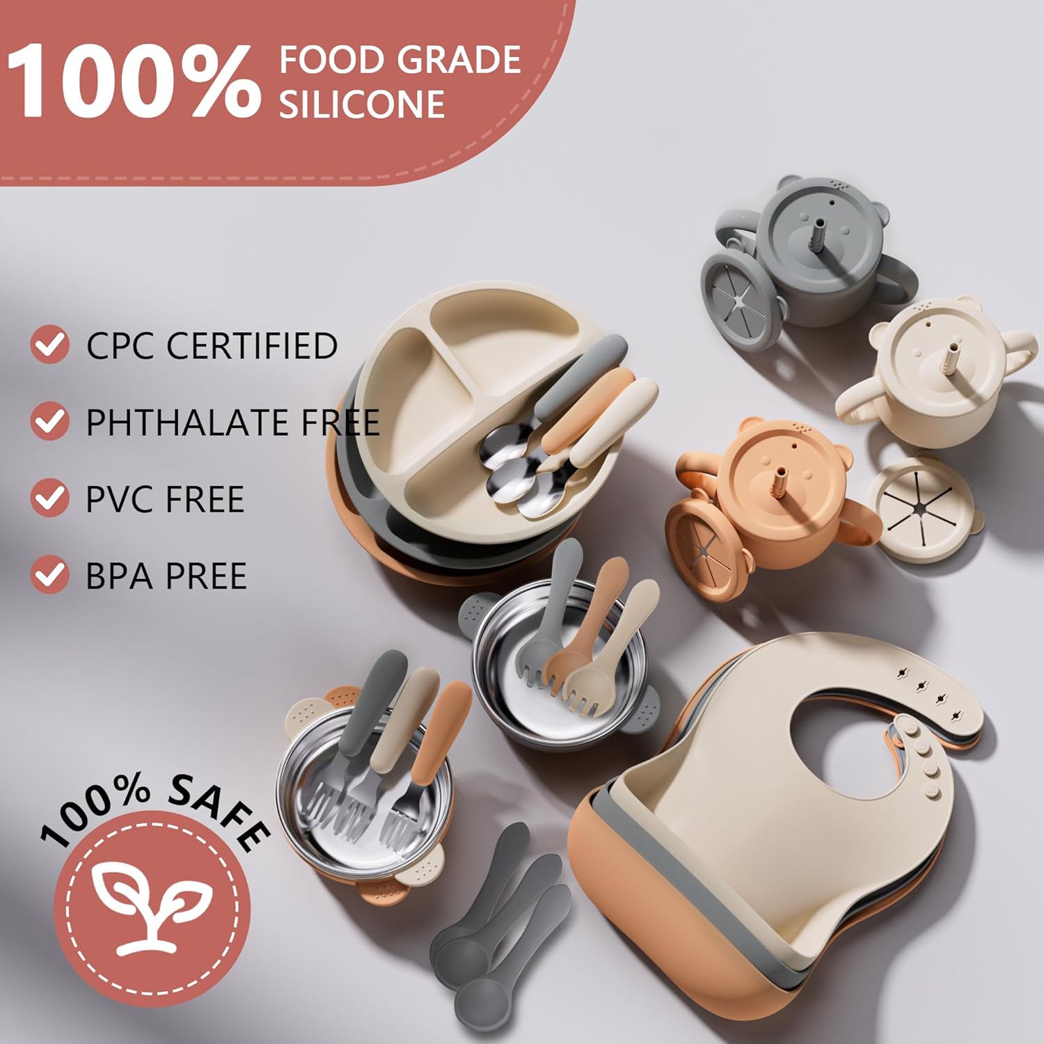 27 Pack Silicone Baby Feeding Set, Hepotk BPA-Free Food Grade Baby Feeding Essentials Utensils, Second Stage Baby Food Eating Utensils, Set of 3 babies((Brown, Beige, Grey)