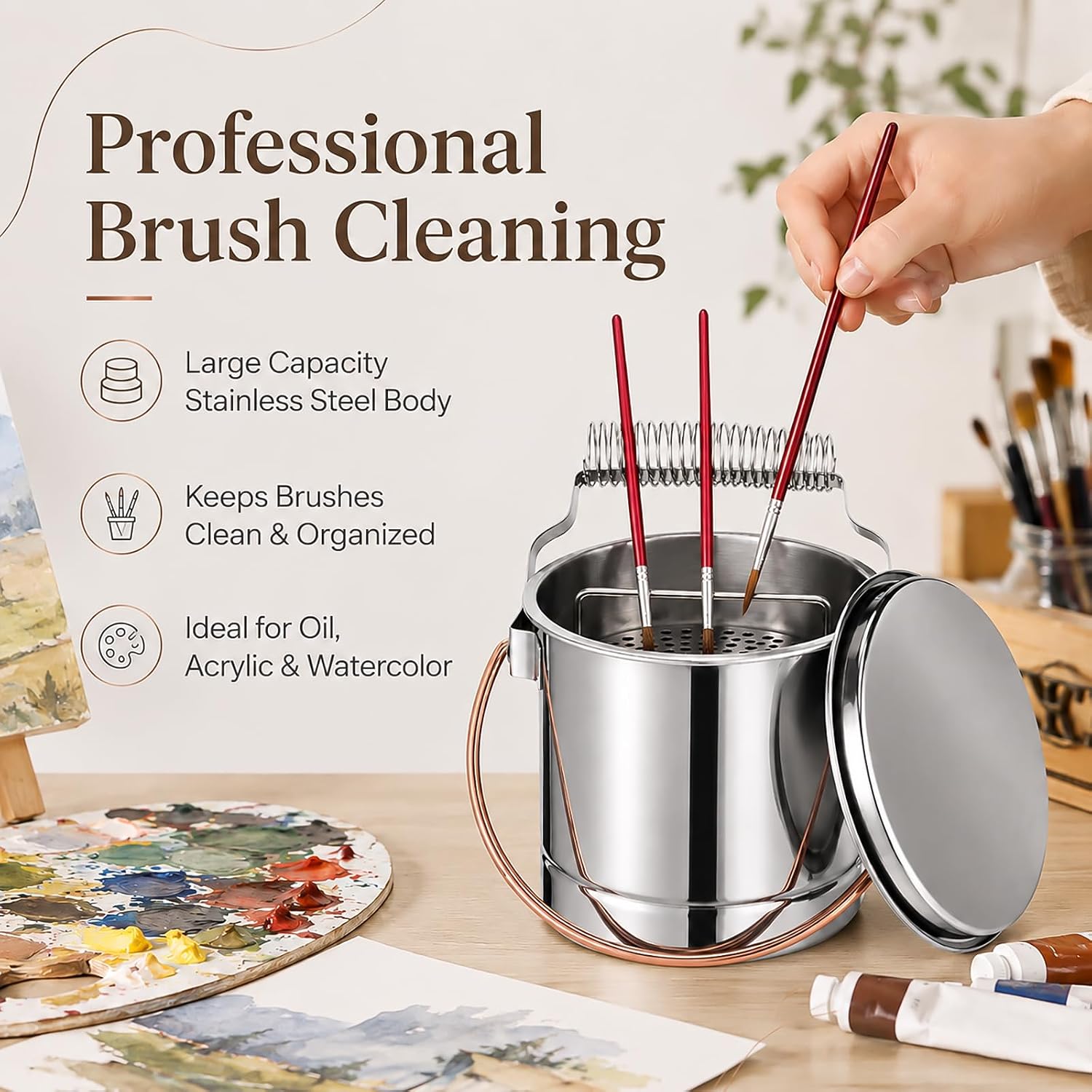 Stainless Steel Paint Brush Cleaner with Lid, Large Capacity Brush Washer & Holder 7.9 x 6.7 x 5.6 in, Ideal for Oil Acrylic Watercolor Painting, Artists & Art Lovers
