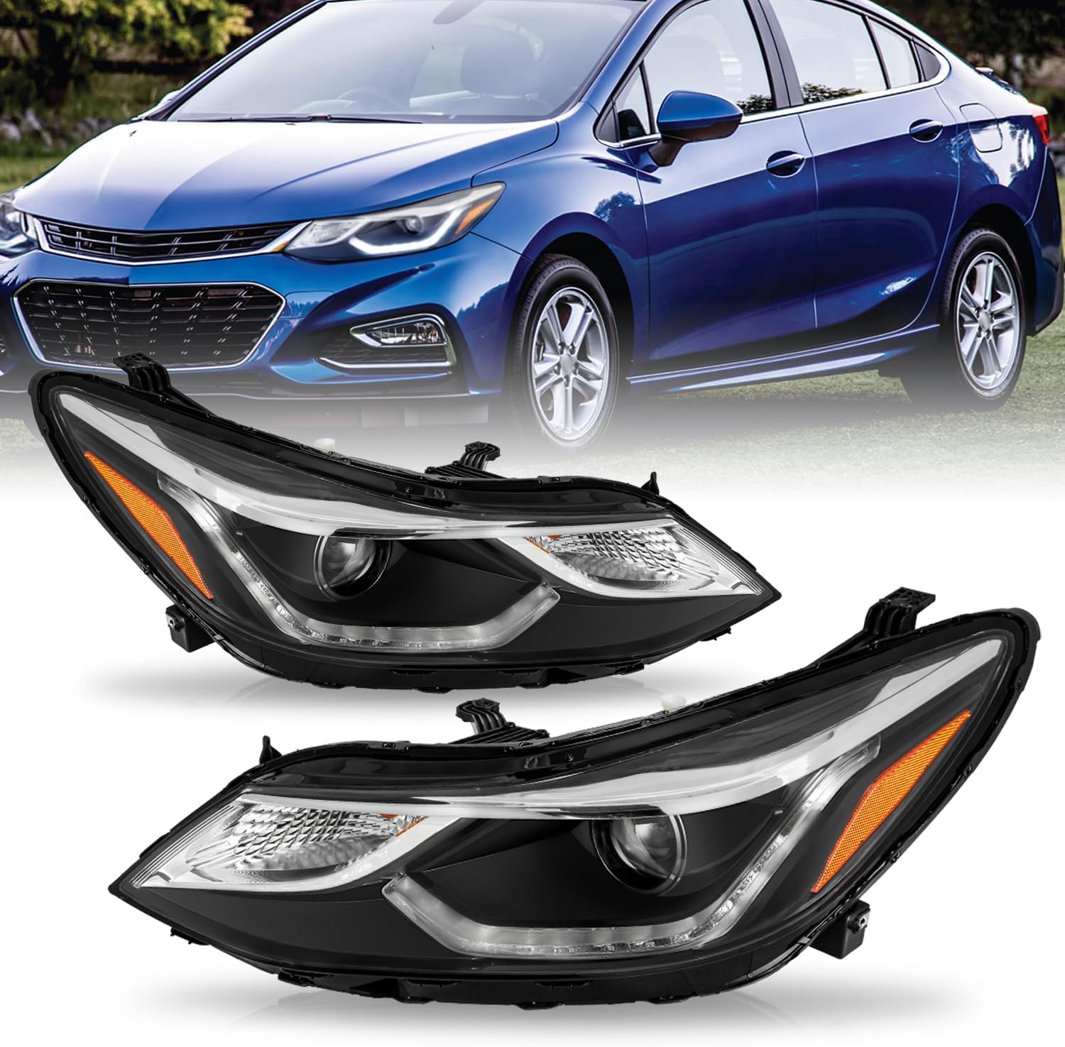 SOCKIR Headlight Assembly Pair for 2016–2019 Chevrolet Cruze with LED DRL