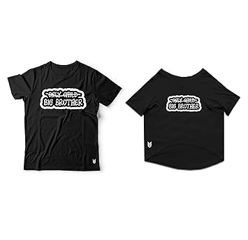 Ruse Twinning Basic Crew Neck Big Brother Printed Half Sleeves Dog and Unisex Pet Parent Tees Set.Colour-Black/Medium (Parents)/XL (Dogs)
