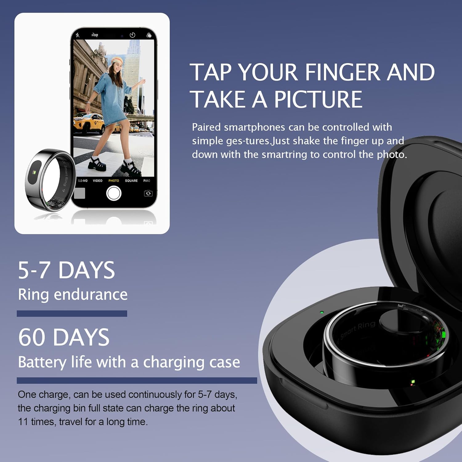 CNBRO Smart Ring charging in its case with battery life information