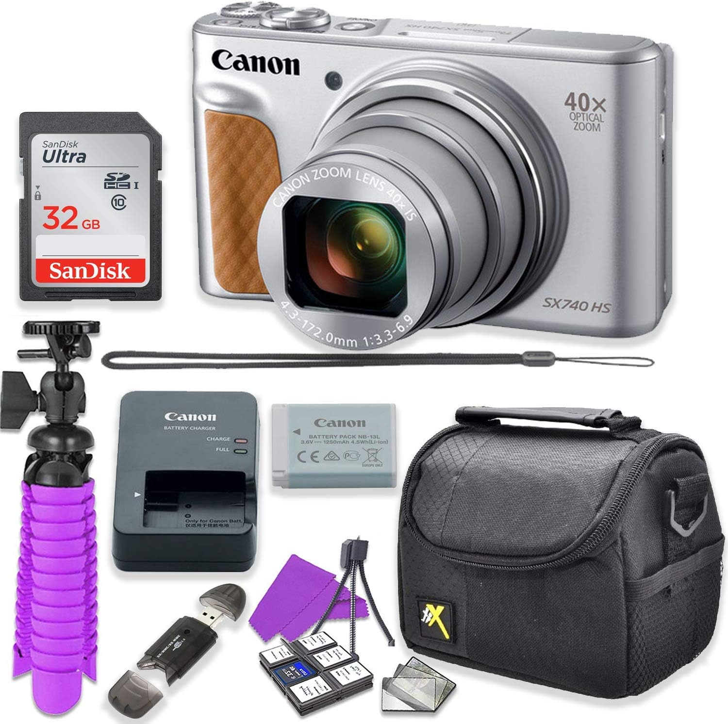 Canon PowerShot SX740 HS Digital Camera (Silver) Accessory Bundle with Flexible Spider Tripod, 32GB Memory, Camera Case and More. (Renewed)