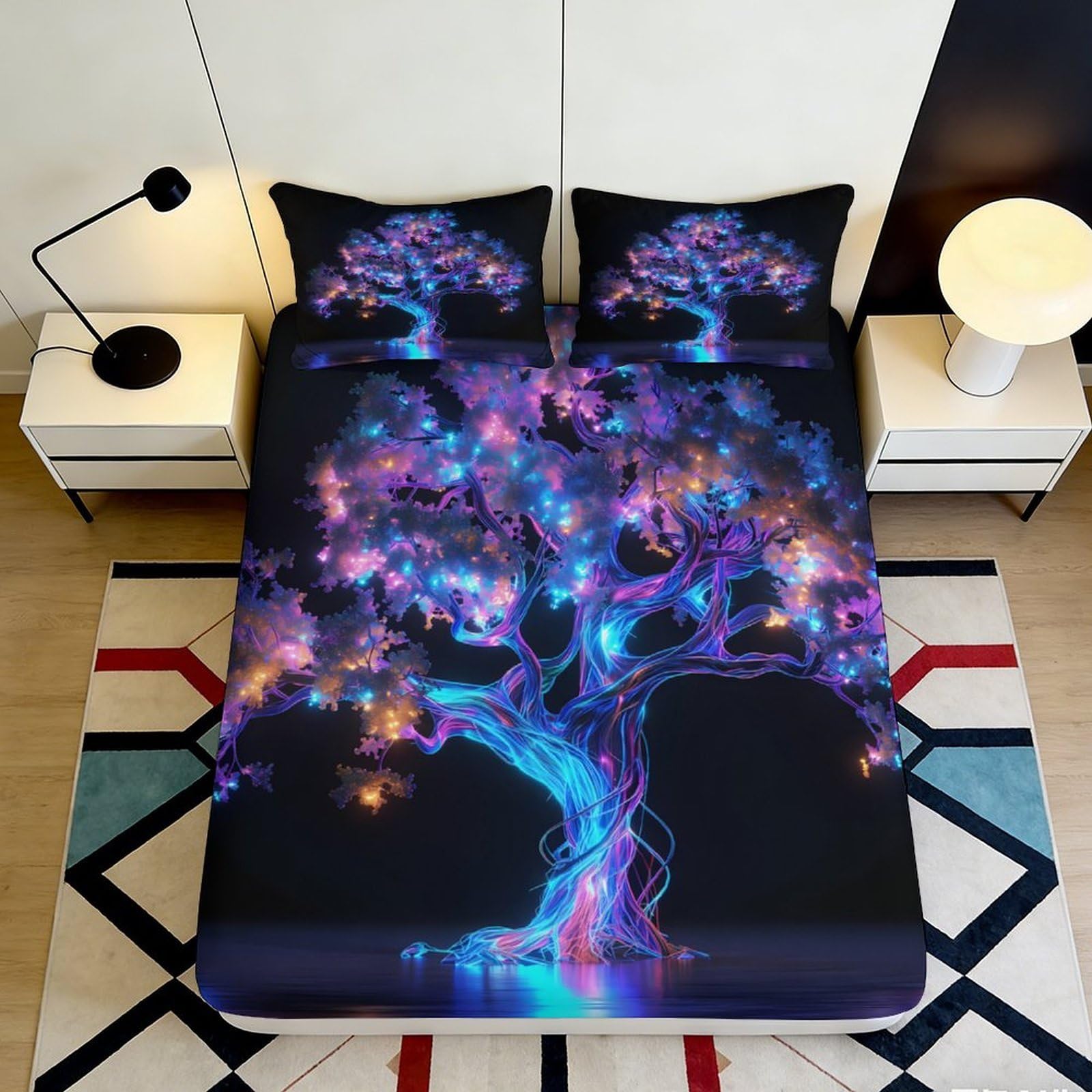 Pnayamiorkfel Style-9 3D Printed Neon Fantasy Tree Fitted Sheet Microfiber Soft Mattress Cover Glowing Art Decor Bedroom Dorm All Ages 90X200x25cm