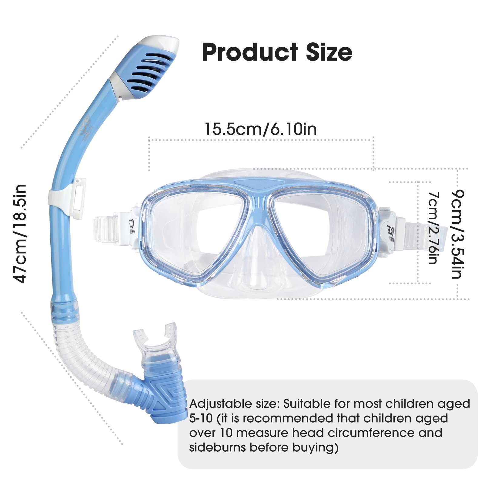 Dry Top - Set da snorkeling per bambini, unisex, anti appannamento, vista panoramica, con boccaglio per ragazzi e ragazze, attrezzatura da snorkeling per nuoto da 3 a 12 anni